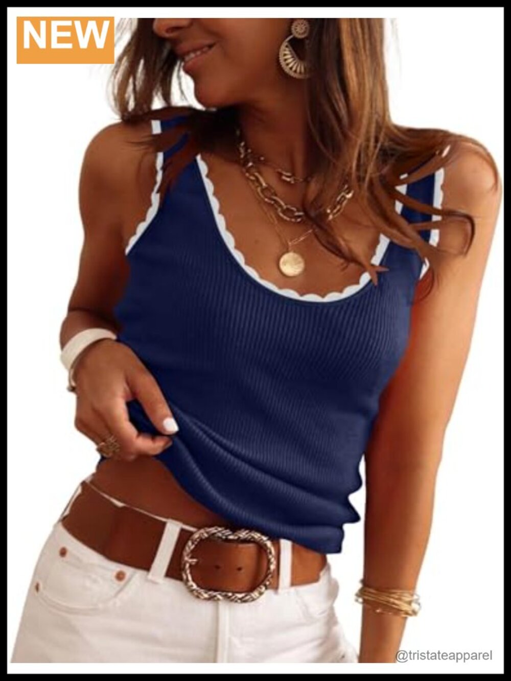 Scoop Neck Sleeveless Ribbed Knit Tank Top Scallop Edge Summer Sweater Vest